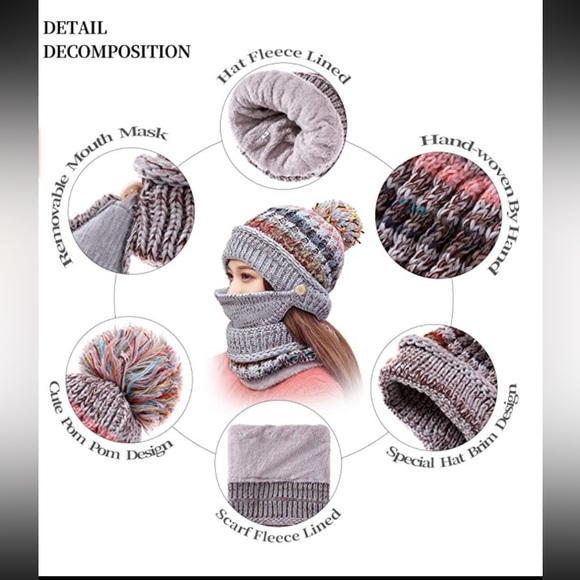 Women Winter Warm Gray Multi Hat with Face mask covering Beanie Knit Scarf Cover - Picture 3 of 7